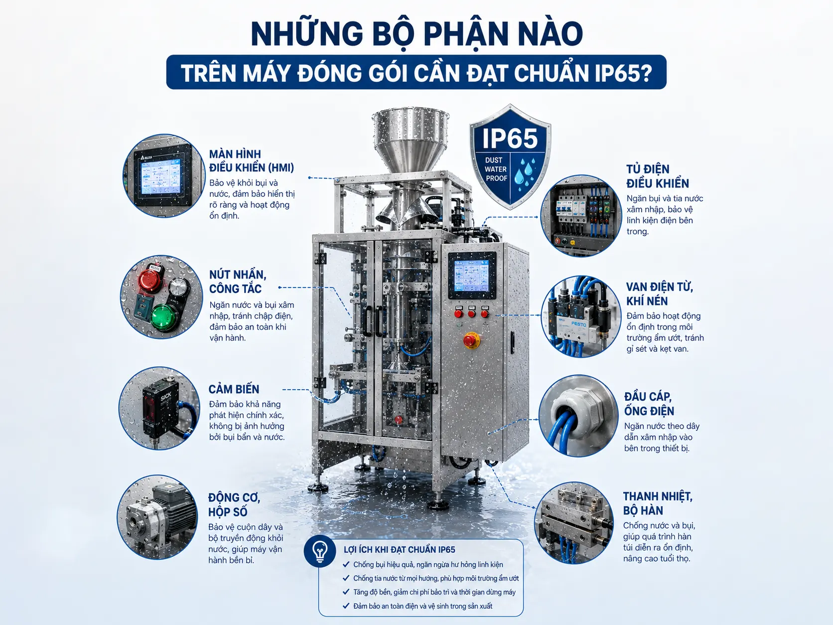 Những bộ phận nào trên máy đóng gói cần đạt chuẩn IP65?